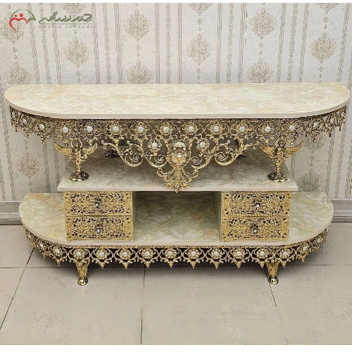 خرید، قیمت و مشخصات میز تلویزیون برنزی طرح گل آفتابگردان با رویه هایگلس سفید و 4 کشو با ضمانت رنگ بدنه - چترزندگی