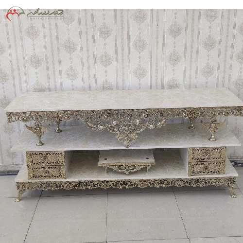 خرید، قیمت و مشخصات میز تلویزیون برنزی طراحی بی نظیر مدل گل رز، 4 کشو و پایه های مدل فرشته - چترزندگی