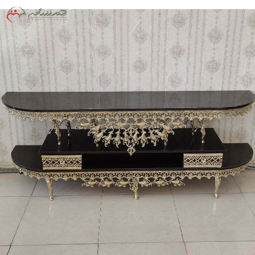 خرید، قیمت و مشخصات میز تلویزیون برنزی 2 کشو رویه هایگلس و بدنه ی طرح گل نقلی طراحی شیک و آنتیک با ضمانت  - چترزندگی