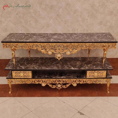 خرید، قیمت و مشخصات میز تلویزیون برنزی بدنه آبکاری شده طرح گل سرخ کار شده طراحی شیک و بی نظیر با ضمانت  - چترزندگی