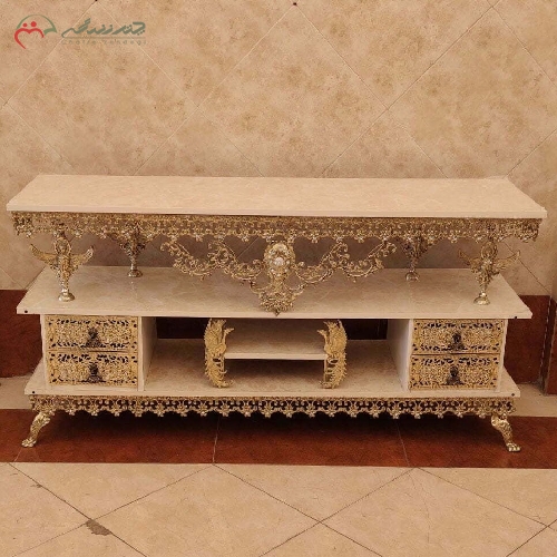 خرید، قیمت و مشخصات میز تلویزیون 4 کشو برنزی طرح طاووس بدنه ی کار شده و رنگ ثابت با ضمانت - چترزندگی