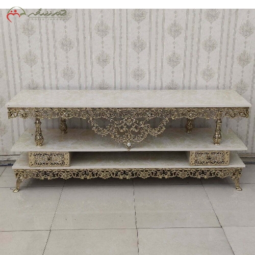 خرید، قیمت و مشخصات میز تلویزیون برنزی با رویه ام دی اف و طراحی 2 کشو با پایه های برنزی کار شده با گارانتی - چترزندگی