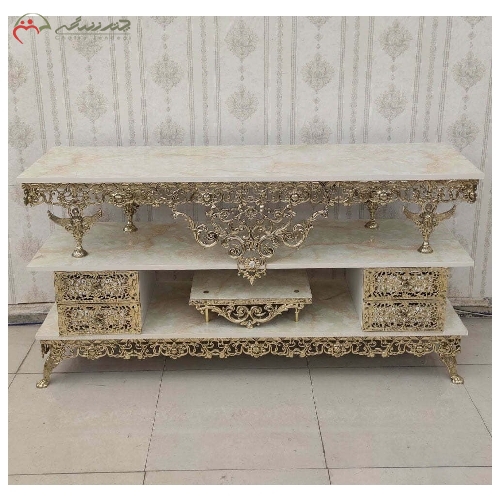 خرید، قیمت و مشخصات میز تلویزیون تمام برنزی طراحی بی نظیر بدنه طرح گل رز با 4 کشو و رنگ آبکاری شده - چترزندگی