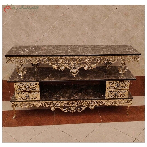 خرید، قیمت و مشخصات میز تلویزیون برنزی 2 طبقه ی پایه دار طرح فرشته و گل سرخ با رنگ با کیفیت و گارانتی- چترزندگی