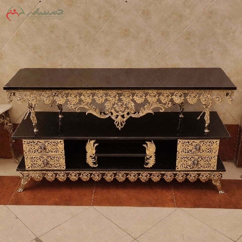 خرید، قیمت و مشخصات میز تلویزیون طرح طاووس و پایه فرشته با رنگ طلایی با کیفیت و بدنه ی با دوام به قیمت عالی  - چترزندگی