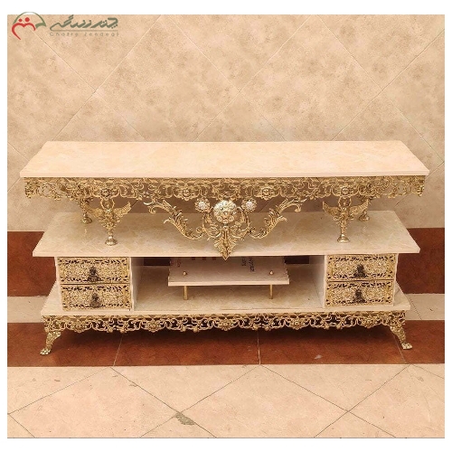 خرید، قیمت و مشخصات میز تلویزیون تمام برنزی رنگ فورتیک با طرح بدنه ی گل سرخ و 4 کشو دارای گارانتی - چترزندگی