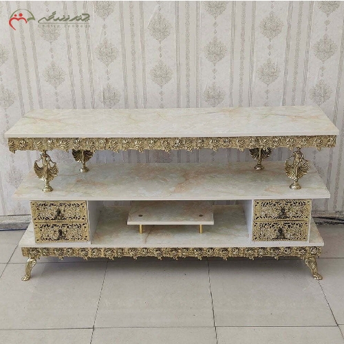 خرید، قیمت و مشخصات میز تلویزیون برنزی 4 کشو طرح گل رز برجسته و بدنه 2 طبقه، تولید شده با رنگ درجه یک با ضمانت - چترزندگی