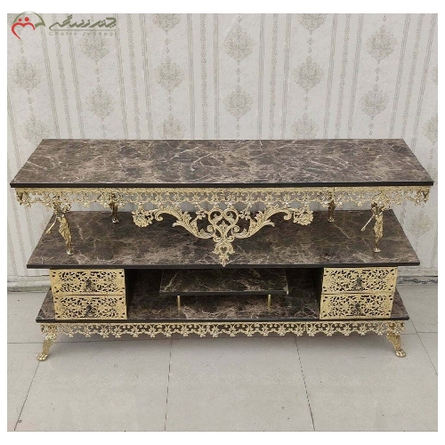 خرید، قیمت و مشخصات میز تلویزیون برنزی 4 کشو رویه هایگلس طرح سنگ با بدنه رنگ ثابت و دارای ضمانت - چترزندگی