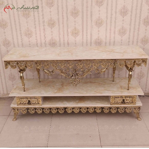 خرید، قیمت و مشخصات میز تلویزیون برنزی پایه دار ( 2 طبقه ) بدنه کار طرح گل رز و پایه ها طرح فرشته با ضمانت - چترزندگی