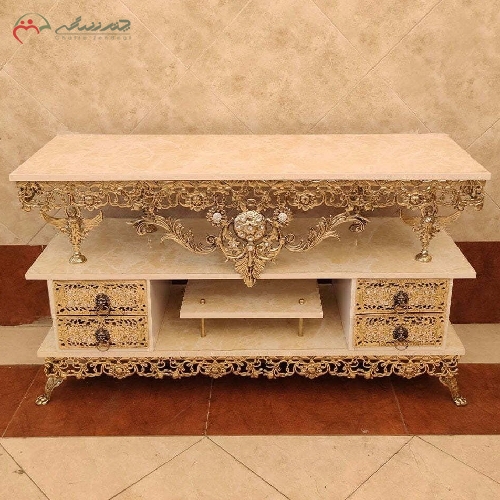 خرید، قیمت و مشخصات میز تلویزیون برنزی 4 کشو پایه دار ( 2 طبقه ) بدنه ظریف کاری شده طرح گل سرخ با ضمانت - چترزندگی