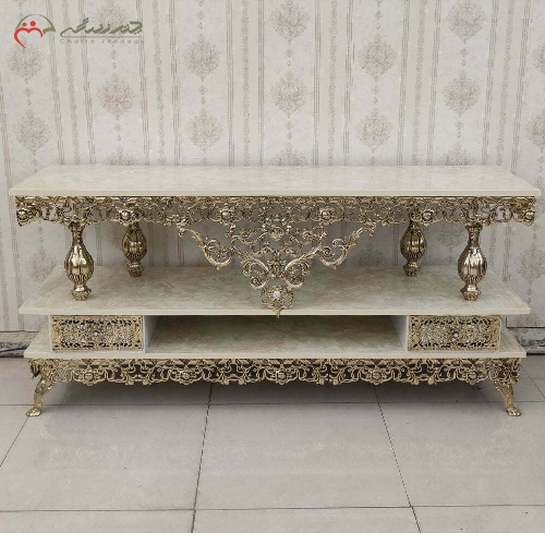 خرید، قیمت و مشخصات میز تلویزیون برنزی 2 طبقه پایه های برنزی کار شده و با دوام فروش به قیمت تولیدی - چترزندگی