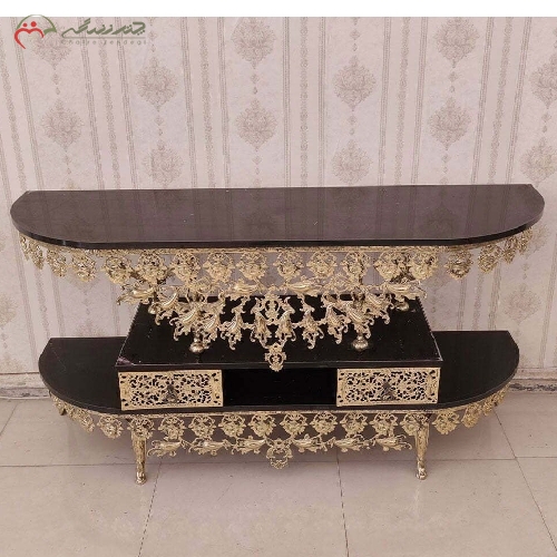 خرید، قیمت و مشخصات میز تلویزیون برنزی 2 کشو با رویه هایگلس مشکی و بدنه ی طرح گل رز با کیفیت بی نظیر  - چترزندگی