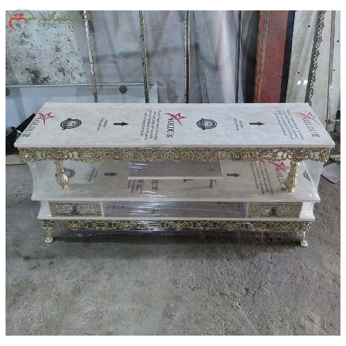 خرید، قیمت و مشخصات میز تلویزیون برنزی طرح گل سرخ سنگین، 2 طبقه و 2 کشو با رنگ ثابت  - چترزندگی