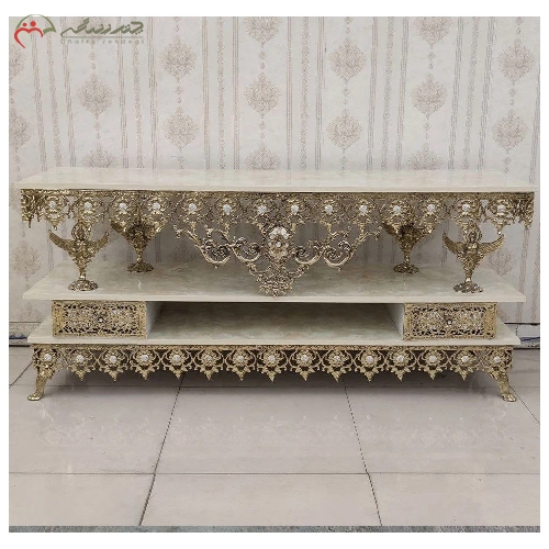 خرید، قیمت و مشخصات میز تلویزیون برنزی طرح تسمه ای مدل گل آفتابگردان و پایه های طرح فرشته با گارانتی - چترزندگی