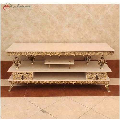 خرید، قیمت و مشخصات میز تلویزیون برنزی طرح گل رز و 2 کشو با رویه هایگلس و طراحی بی نظیر با گارانتی - چترزندگی