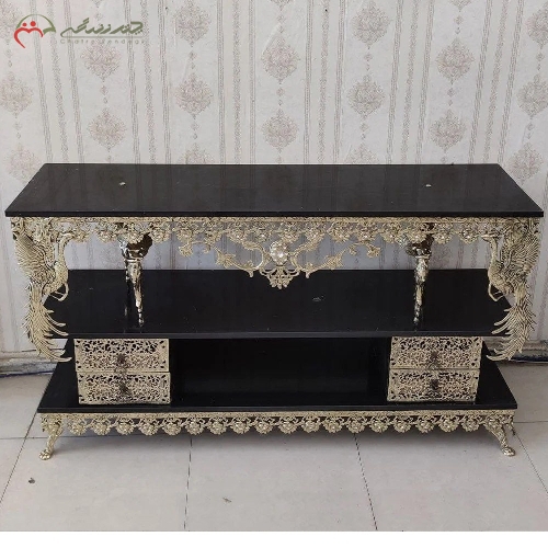 خرید، قیمت و مشخصات میز تلویزیون برنزی 4 کشو طرح طاووس با ارتفاع بلند و پایه های طرح بانو و ضمانت رنگ بدنه کد 9518 - چترزندگی