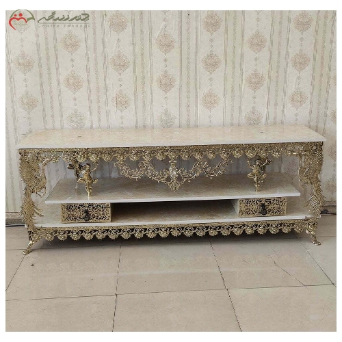 خرید، قیمت و مشخصات میز تلویزیون برنزی 4 کشو با رویه هایگلس و طراحی 2 طبقه با پایه های فرشته - چترزندگی