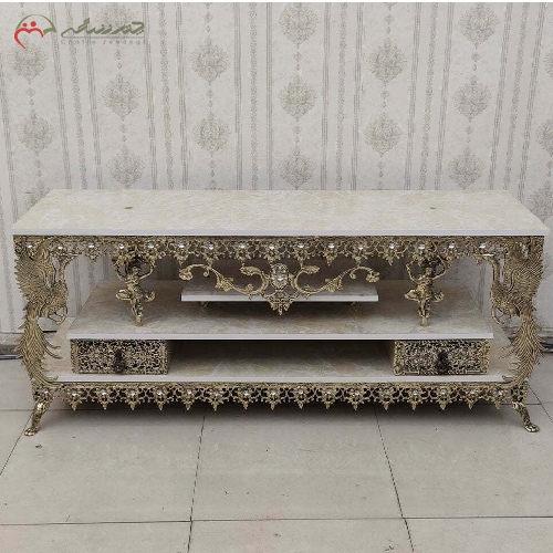 خرید، قیمت و مشخصات میز تلویزیون برنزی مدل طاووس و گل آفتابگردان با رویه هایگلس سفید و گارانتی رنگ بدنه - چترزندگی