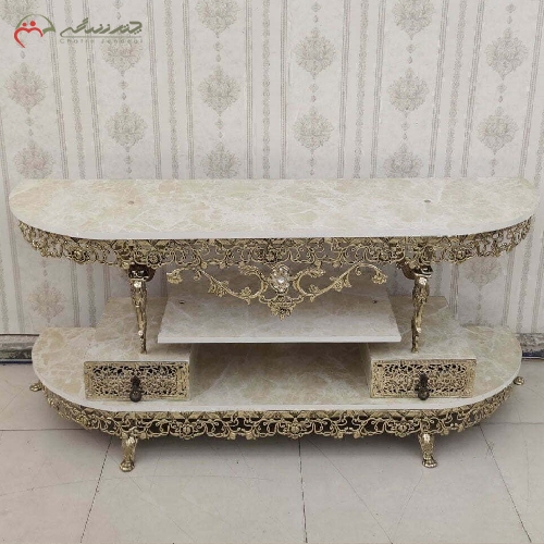 خرید، قیمت و مشخصات میز تلویزیون برنزی نیم گرد مدل گل سرخ با پایه های برنزی مقاوم و رنگ ثابت دارای ضمانت - چترزندگی