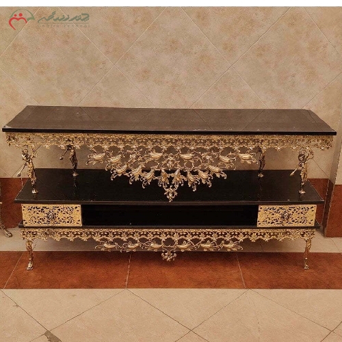 خرید، قیمت و مشخصات میز تلویزیون برنزی طرح بادمجانی همراه 2 عدد کشو، طراحی شیک و مدرن با گارانتی رنگ - چترزندگی