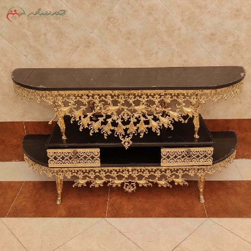 خرید، قیمت و مشخصات میز تلویزیون برنزی نیم گرد طرح گل نقلی تاج دار، تولید شده رنگ درجه یک با ضمانت - چترزندگی