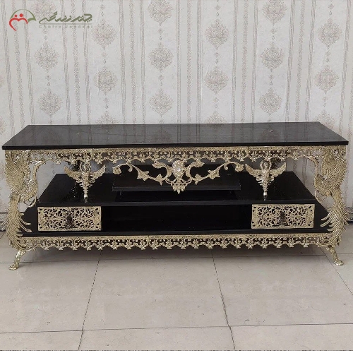 خرید، قیمت و مشخصات میز تلویزیون برنزی 2 طبقه طاووس دار با 2 عدد کشو ظریف کاری شده با گارانتی - چترزندگی