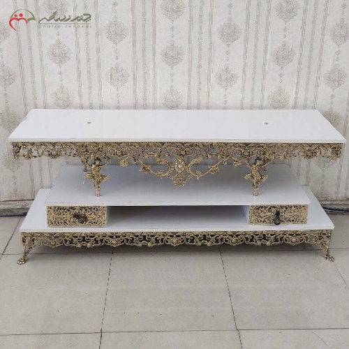 خرید، قیمت و مشخصات میز تلویزیون برنزی 2 طبقه مدل گل رز 2 کشو، رویه هایگلس با ضمانت - چترزندگی