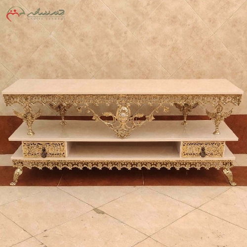 خرید، قیمت و مشخصات میز تلویزیون گل نقلی تاج دار و بدنه ی تمام برنزی، رویه ام دی اف درجه یک - چترزندگی