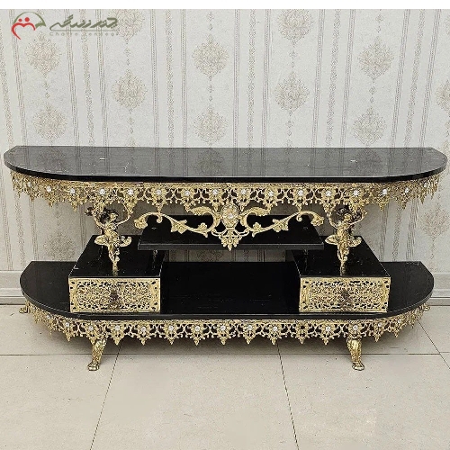 خرید، قیمت و مشخصات میز تلویزیون طرح آفتابگردان با حاشیه های خم و دارای 2 کشو ظریف کاری شده ی برنزی - چترزندگی