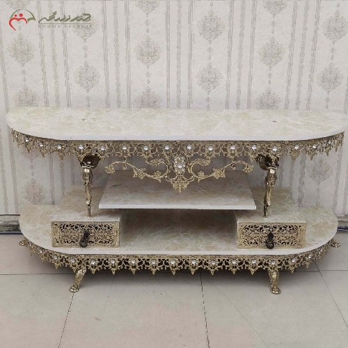 خرید، قیمت و مشخصات میز تلویزیون حاشیه خم ( نیم گرد ) بدنه برنزی رنگ ثابت با ضمانت و طراحی مدرن - چترزندگی