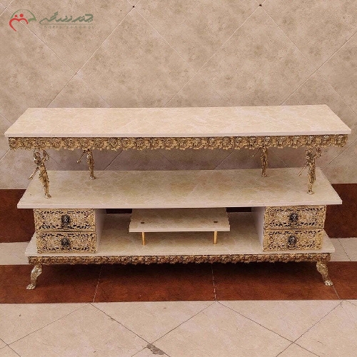 خرید، قیمت و مشخصات میز تلویزیون برنزی 4 کشو طرح رز برجسته و 2 طبقه با پایه های طرح بانو، به قیمت تولیدی - چترزندگی