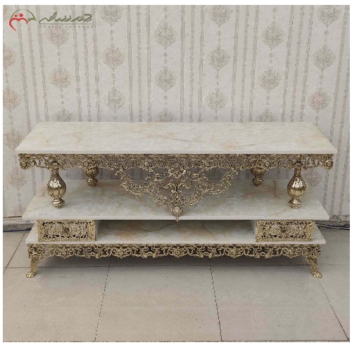 خرید، قیمت و مشخصات میز تلویزیون برنزی گل سرخ، رویه هایگلس طرح مرمر و دو کشو، با گارانتی رنگ بدنه و دوام - چترزندگی