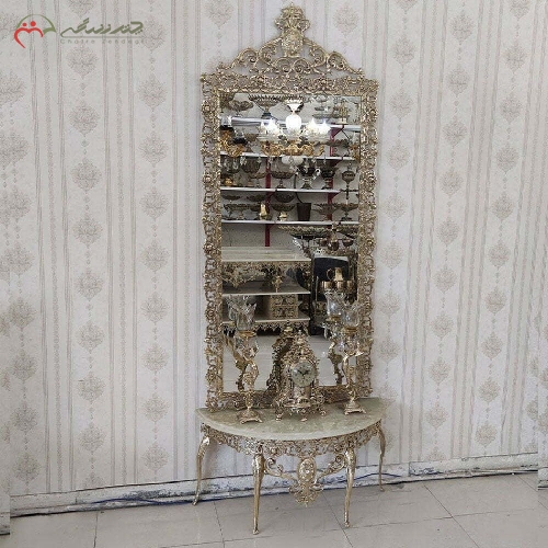 خرید، قیمت و مشخصات آینه کنسول تمام برنزی طرح گل سرخ همراه با ساعت و شمعدان طرح فرشته، به قیمت تولیدی - چترزندگی