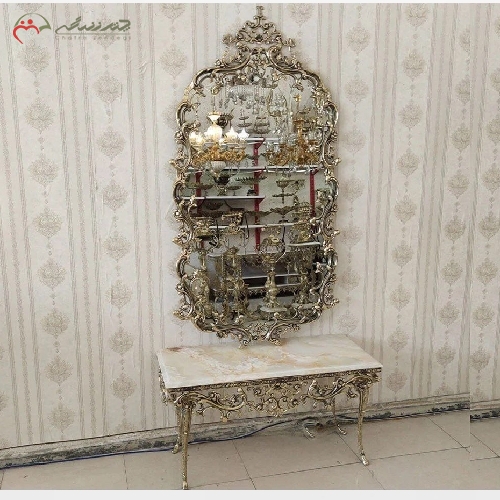 خرید، قیمت و مشخصات آینه کنسول برنزی طرح بدنه اختر رویه سنگ مرمر با بدنه ظریف کاری شده با گارانتی - چترزندگی