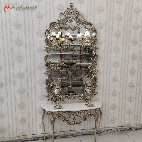 خرید، قیمت و مشخصات آینه کنسول برنزی همراه دو عدد شمعدان برنزی طرح نسیم، رویه سنگ و آینه ی پر کار با ضمانت - چترزندگی
