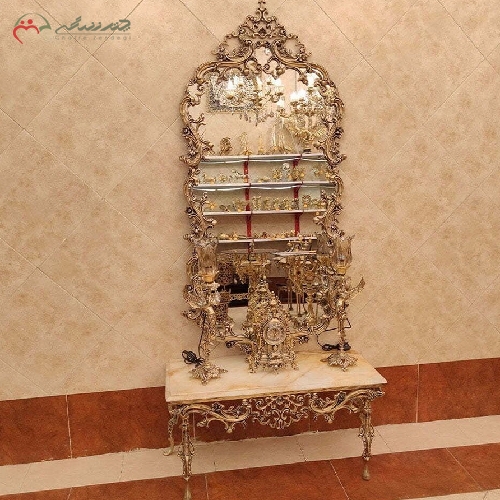 خرید، قیمت و مشخصات آینه کنسول برنزی با رنگ بدنه آنتیک طرح امپراطور و میز چهار گوش، فروش زیر قیمت بازار - چترزندگی