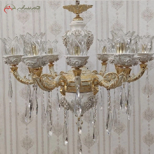 خرید، قیمت و مشخصات لوستر برنزی 6 شاخه و 12 شعله طرح کاپرین، رنگ آبکاری شده ی فورتیک با ضمانت دوام - چترزندگی