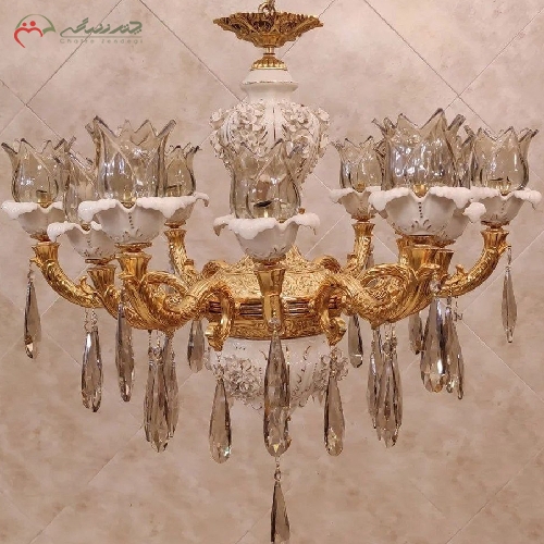 خرید، قیمت و مشخصات لوستر برنزی 12 شعله با رنگ آبکاری شده ی فورتیک، و سرامیک کار شده در بدنه با ضمانت - چترزندگی