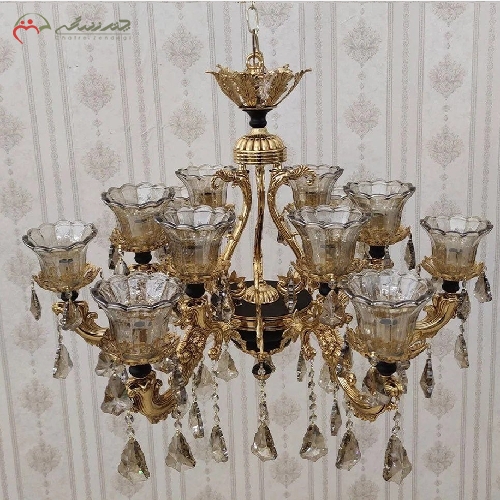 خرید، قیمت و مشخصات لوستر برنزی طرح گل رز 12 شعله با رنگ طلایی آبکاری شده با گارانتی دوام بدنه و رنگ محصول - چتر زندگی