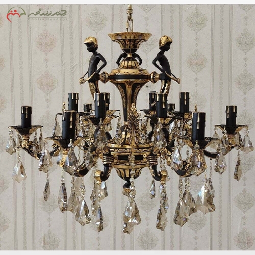 خرید، قیمت و مشخصات لوستر 12 شعله مشکی طلایی، بدنه ی تمام برنزی پر کار طرح گل رز با رنگ فورتیک با کیفیت - چترزندگی