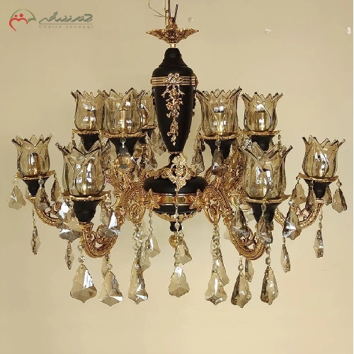 خرید، قیمت و مشخصات لوستر برنزی 12 شعله طرح گلناز، رنگ بدنه ی طلایی و مشکی فورتیک و طراحی مدرن با گارانتی - چترزندگی