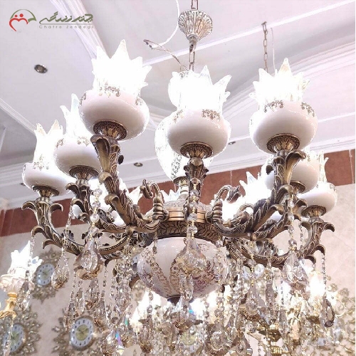 خرید، قیمت و مشخصات لوستر سایز بزرگ طرح ژاله، 12 شعله و بدنه ی تمام برنزی و رنگ آنتیک با ضمانت - چترزندگی