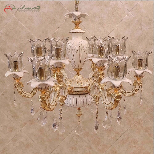 خرید، قیمت و مشخصات لوستر سرامیک و برنز 12 شعله طرح آمیتیس،  بدنه ی کرم طلایی فورتیک، فروش به قیمت تولیدی - چترزندگی
