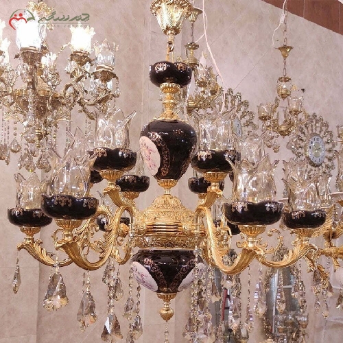 خرید، قیمت و مشخصات لوستر 12 شعله طرح باربد، بدنه ی برنزی سرامیکی با رنگ مشکی و آبکاری طلا، آنتی با ضمانت - چترزندگی