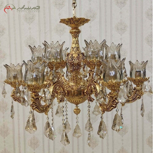 خرید، قیمت و مشخصات لوستر تمام برنزی طرح نیلوفر، بدنه 6 شاخه ی دوبل ( 12 شعله ) و سر شاخه های کریستالی - چترزندگی