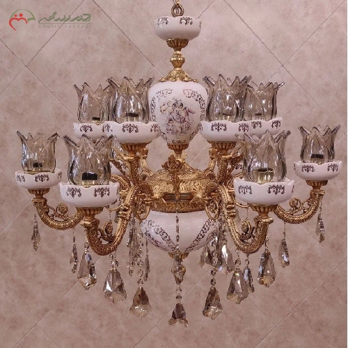 خرید، قیمت و مشخصات لوستر سرامیکی و برنزی طرح گلناز با 12 شعله ی کار شده طرح گل و رنگ فورتیک آبکاری شده - چترزندگی