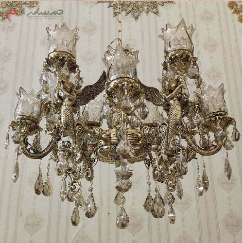 خرید، قیمت و مشخصات لوستر برنزی 12 شعله طرح پانیز به رنگ آنتیک، سر شاخه های کریستالی طرح گل با ضمانت - چترزندگی