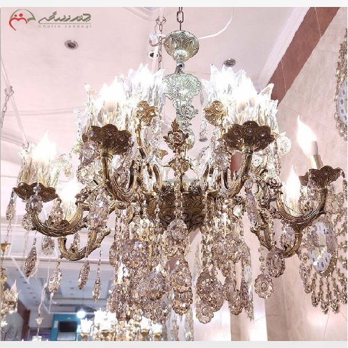خرید، قیمت و مشخصات لوستر سایز بزرگ 16 شعله طرح دو گل بدنه ی تمام برنزی رنگ ثابت و سر شاخه های کریستالی - چترزندگی