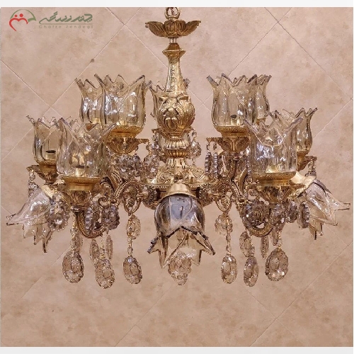 خرید، قیمت و مشخصات لوستر برنزی گل ناز واژگن، 15 شعله ی پر کار برنزی با سر شاخه های کریستالی و رنگ ثابت - چترزندگی