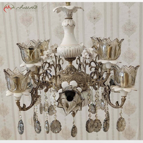 خرید، قیمت و مشخصات لوستر سرامیکی و برنزی طرح واژگون با رنگ آنتیک و 12 شعله ی کریستالی دارای گارانتی - چترزندگی